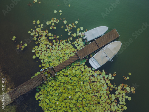 Aerial view of tranquil Lago di Viverone with lily pads and boats at Anzasco Port, Piverone, Italy. photo