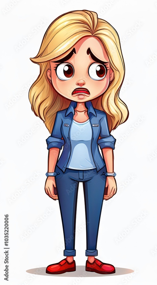 Sad cartoon woman with big eyes pouts and looks worried, showing concern and disappointment Sad cartoon woman with big eyes pouts and looks worried, showing concern and disappointment