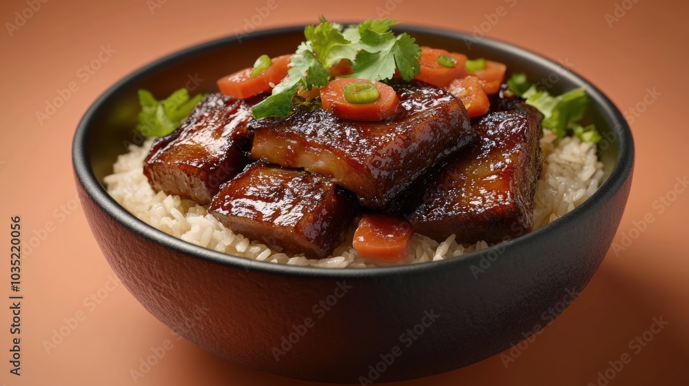 A dish filled with rice and meat, covered in savory sauce