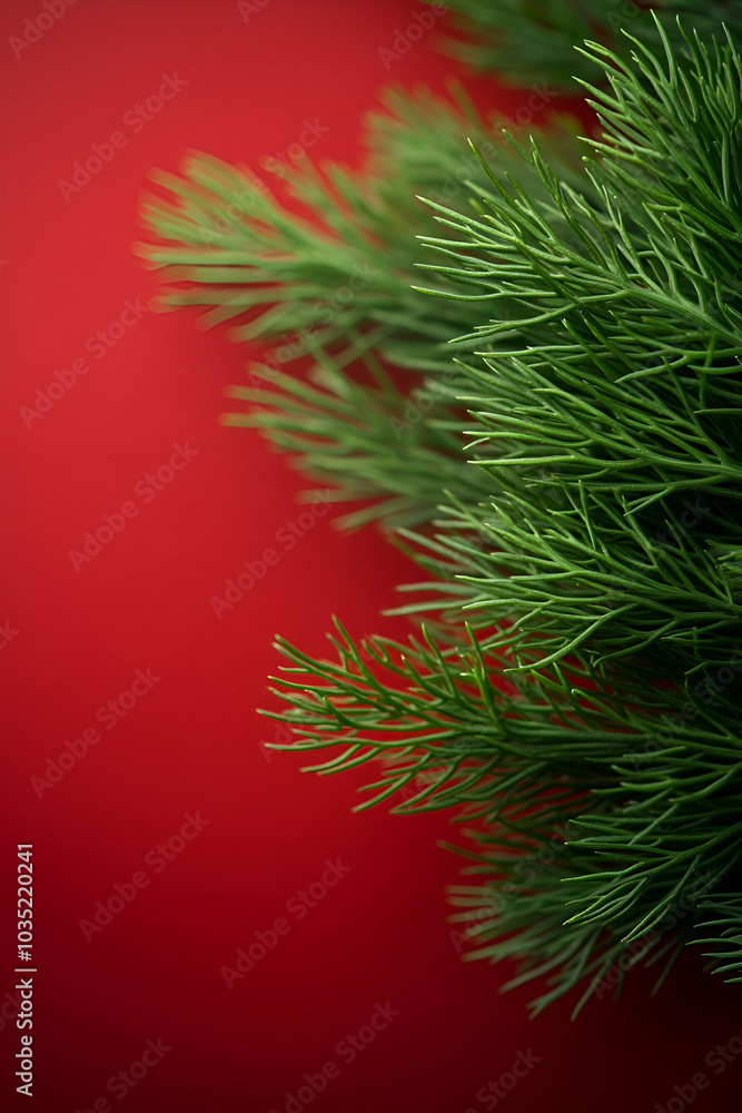 A close-up of green pine-like foliage against a vibrant red background, creating a festive and natural aesthetic. A close-up of green pine-like foliage against a vibrant red background, creating a festive and natural aesthetic.