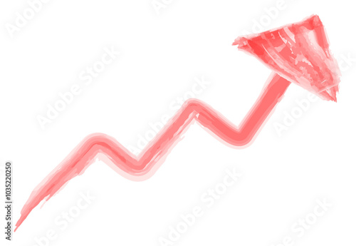 右にジグザグと上昇する赤色の水彩風矢印