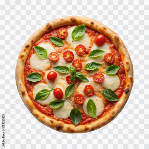 delicious pizza with ham and bacon slices, mozzarella cubes, tomatoes, bell pepper png design 
