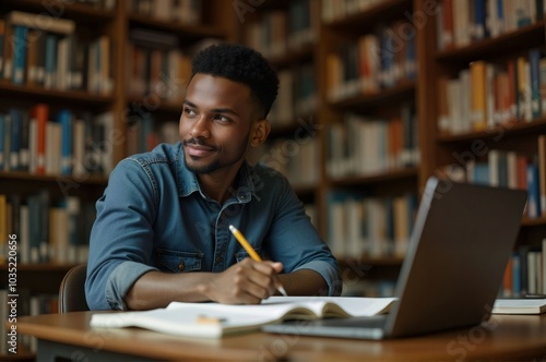 Smiling Student Studying with Laptop in Library