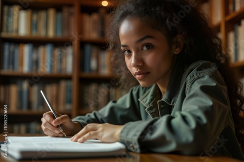 Focused Student Writing in Library Study Session