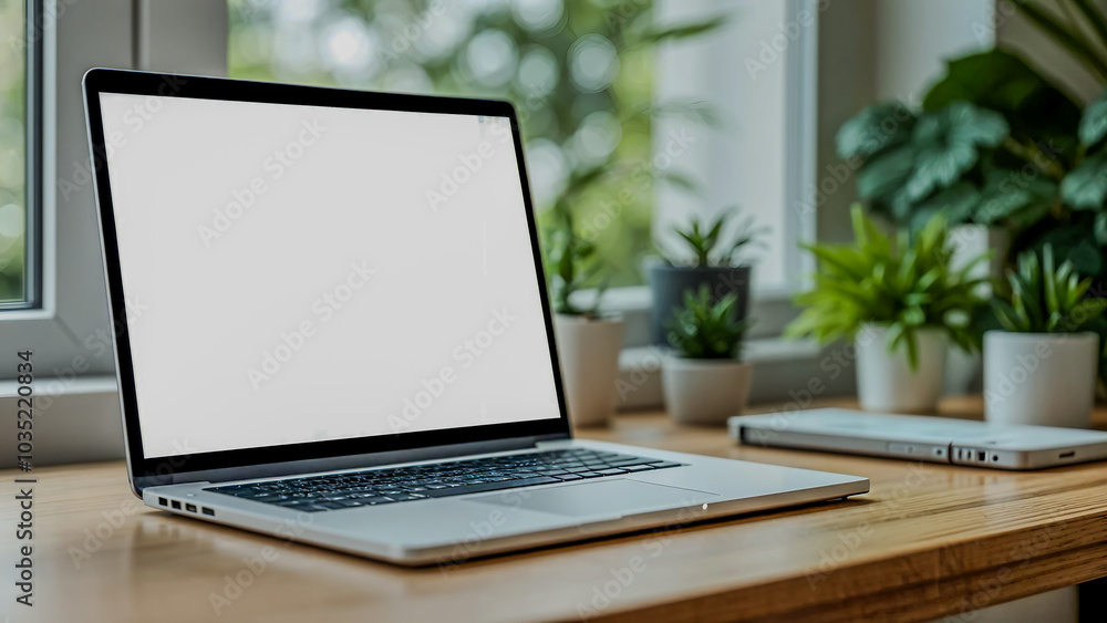 Laptop with White Screen on a Wooden Desk with Indoor Plants Laptop with White Screen on a Wooden Desk with Indoor Plants