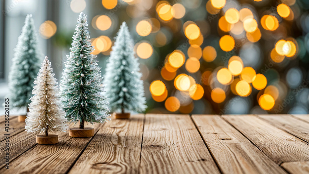 Miniature Christmas Trees on a Wooden Table with Bokeh Lights Miniature Christmas Trees on a Wooden Table with Bokeh Lights