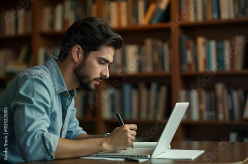 Focused Student Working on Laptop in Library Study Area