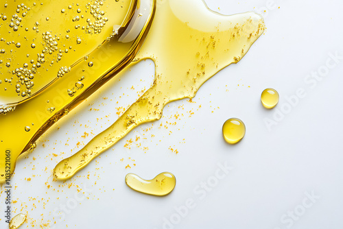 Golden liquid spilling elegantly across a white surface with bubbles, capturing the essence of freshness and purity in the kitchen. Generative AI photo