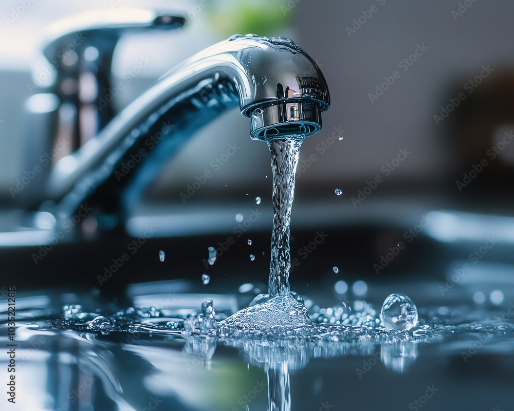 Single drop of water dripping from a tap, captured in perfect selective focus, symbolizing cleanliness and natural purity Single drop of water dripping from a tap, captured in perfect selective focus, symbolizing cleanliness and natural purity