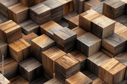 3D rendering of geometric wooden cubes arranged in an abstract pattern. The background is filled with various shades and types of wood.