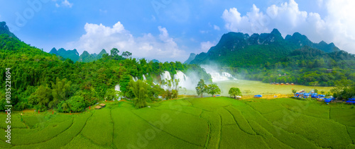 Aerial view of Ban Gioc Detian waterfall in Vietnam China border. The most beautiful and largest waterfall in Southeast Asia. photo