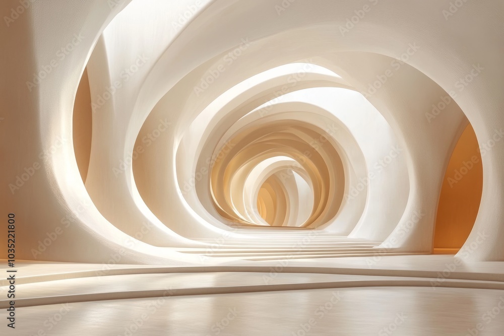 Obraz premium Minimalist architectural hallway with soft curves and warm lighting symbolizing elegance fluidity and modern design in a serene luminous setting