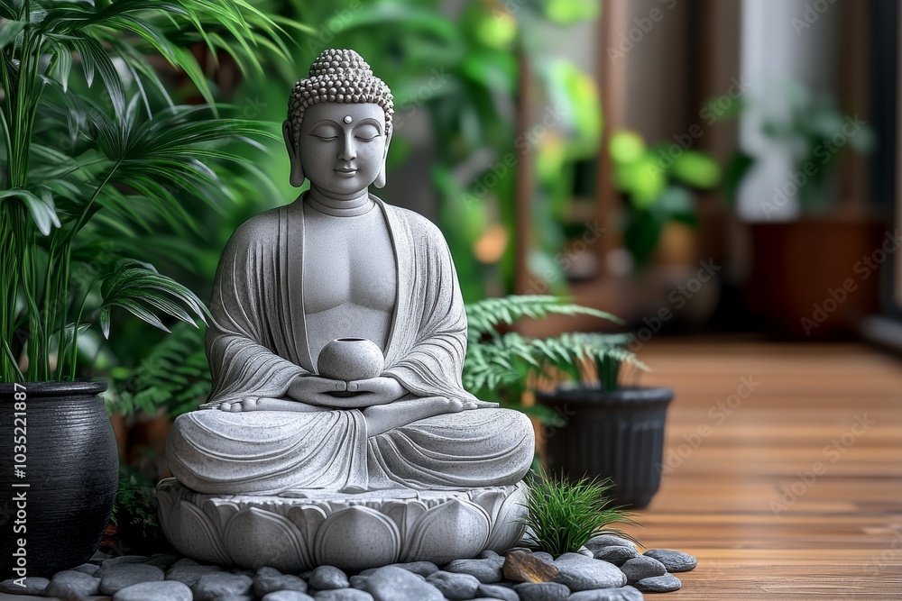 Buddha statue in a tranquil indoor garden with plants symbolizing peace mindfulness and spiritual energy in a serene natural setting Buddha statue in a tranquil indoor garden with plants symbolizing peace mindfulness and spiritual energy in a serene natural setting