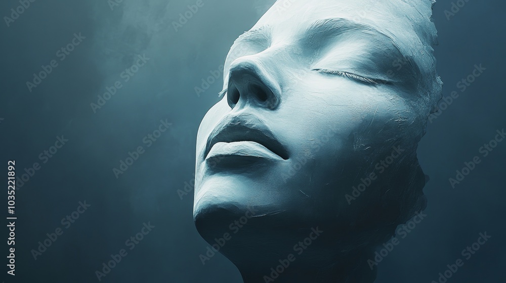 A woman's face is shown in a blue and white color scheme A woman's face is shown in a blue and white color scheme
