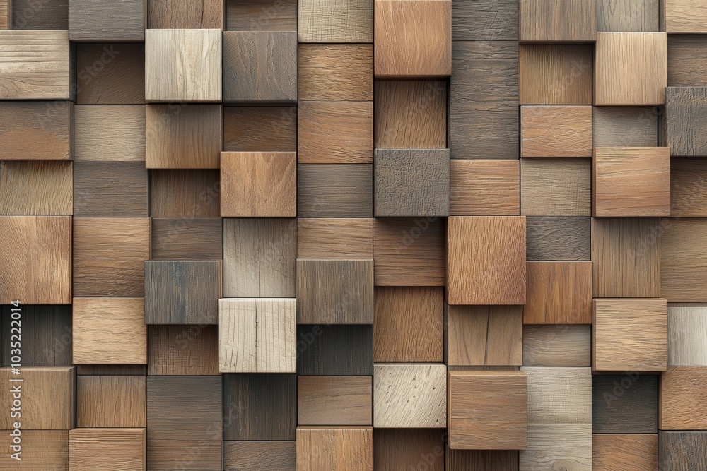 3D rendering of geometric wooden cubes arranged in an abstract pattern. The background is filled with various shades and types of wood. 3D rendering of geometric wooden cubes arranged in an abstract pattern. The background is filled with various shades and types of wood.