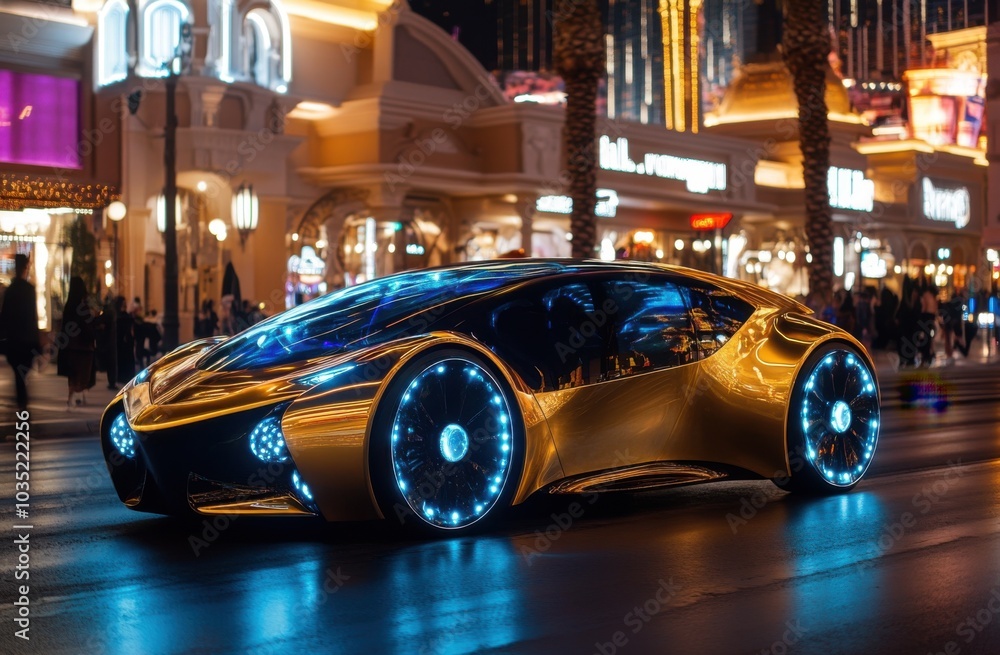 Obraz premium Futuristic sports car with gold and blue LED lights parked on the streets of a night city.
