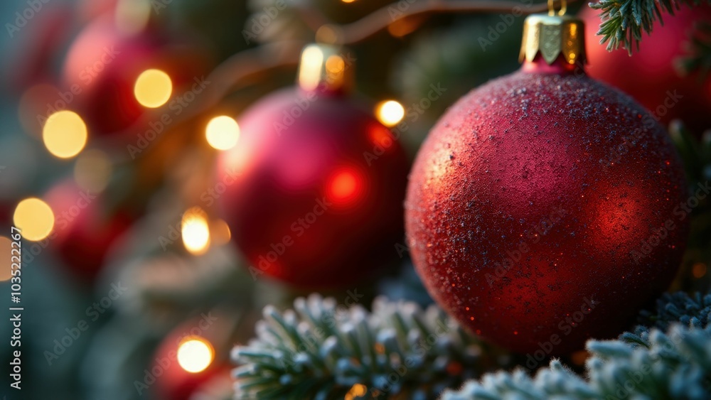 Red and gold Christmas ornaments hanging on a tree branch, softly glowing with holiday lights Red and gold Christmas ornaments hanging on a tree branch, softly glowing with holiday lights