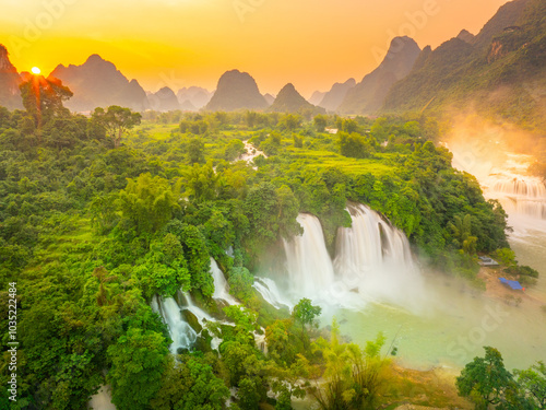 Aerial view of Ban Gioc Detian waterfall in Vietnam China border. The most beautiful and largest waterfall in Southeast Asia. photo