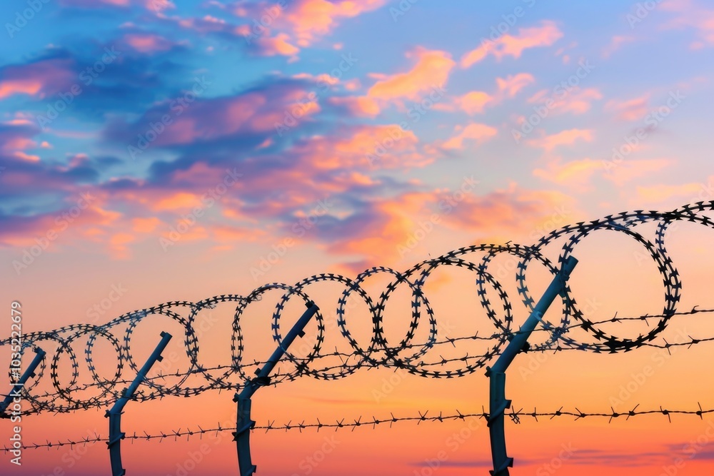 A barbed wire fence against a warm sunset backdrop A barbed wire fence against a warm sunset backdrop