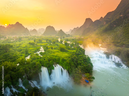 Aerial view of Ban Gioc Detian waterfall in Vietnam China border. The most beautiful and largest waterfall in Southeast Asia. photo