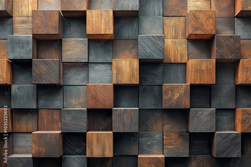 3D rendering of geometric wooden cubes arranged in an abstract pattern. The background is filled with various shades and types of wood. 3D rendering of geometric wooden cubes arranged in an abstract pattern. The background is filled with various shades and types of wood.