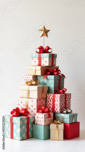 A festive display of colorful wrapped gifts stacked with care, adorned with ribbons and a gold star on top photo