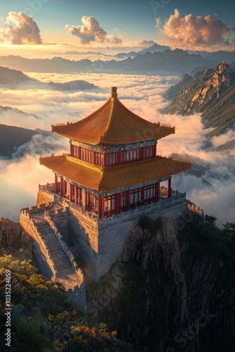 Wallpaper Mural A Chinese-style building, located on the top of Mountains in China, with floors and golden roofs, during a beautiful sunset, surrounded by sea of clouds Torontodigital.ca