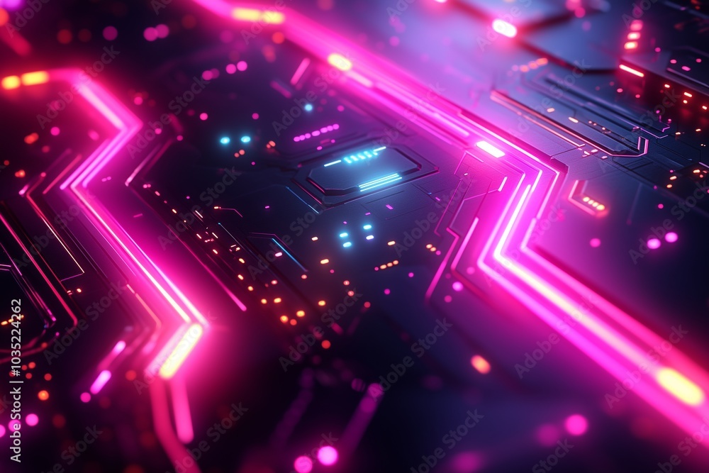 Abstract digital circuit with vibrant pink and blue neon lights. Abstract digital circuit with vibrant pink and blue neon lights.