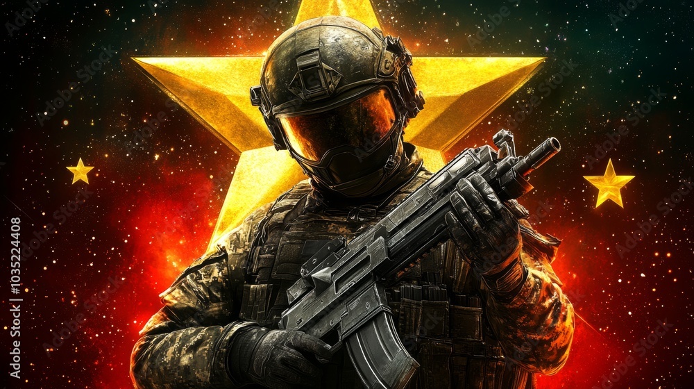 Fototapeta premium Soldier in Camouflage Holding Rifle with Golden Star Background