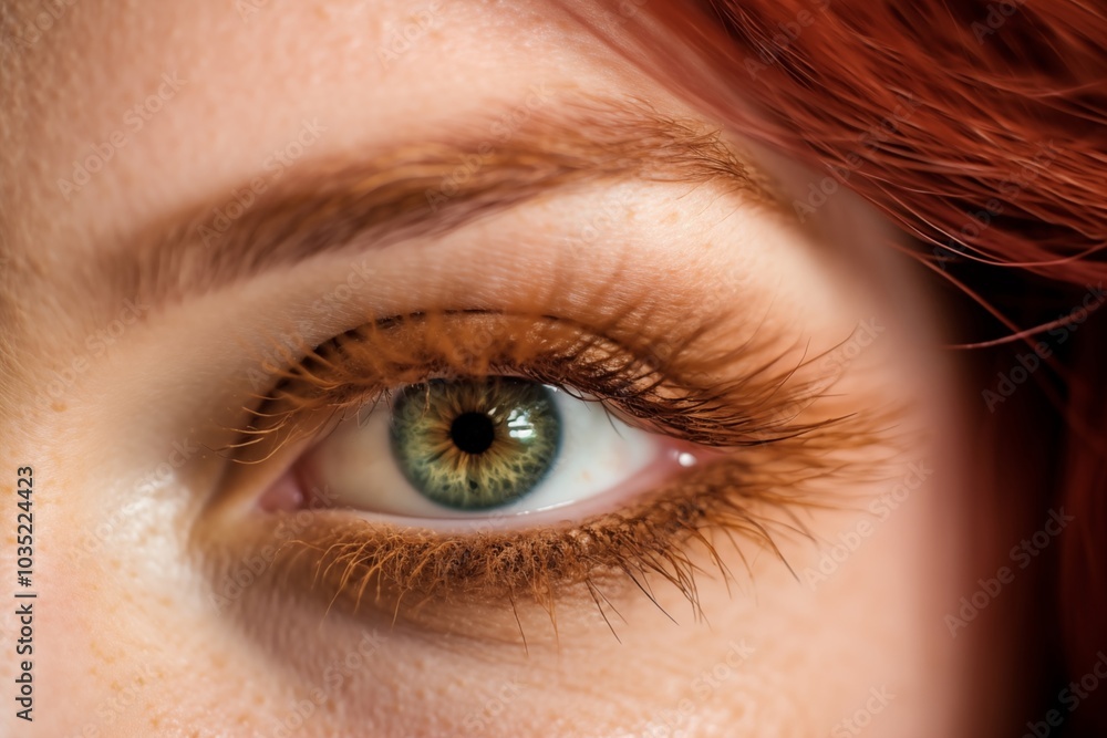 Obraz premium Close-up of a green eye with golden and brown tones in the iris, framed by long, natural eyelashes and subtle warm-toned eyeshadow, complemented by red hair