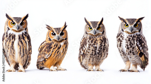 Four different owls standing in a row on a white background. Each owl has unique markings and striking yellow eyes. Their feathers range from light to darker brown shades with various patterns