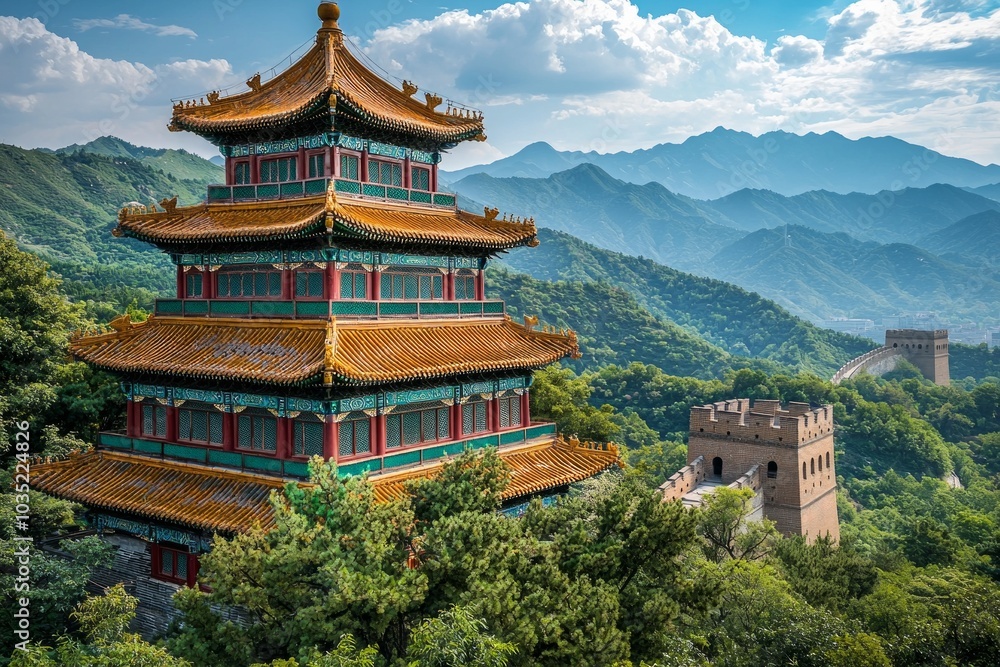 A Chinese-style building, located on the top of Mountains in China, with floors and golden roofs. A Chinese-style building, located on the top of Mountains in China, with floors and golden roofs.