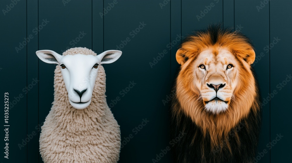 A photo of a sheep and lion standing side by side on a dark green background symbolizes unity in diversity. A photo of a sheep and lion standing side by side on a dark green background symbolizes unity in diversity.