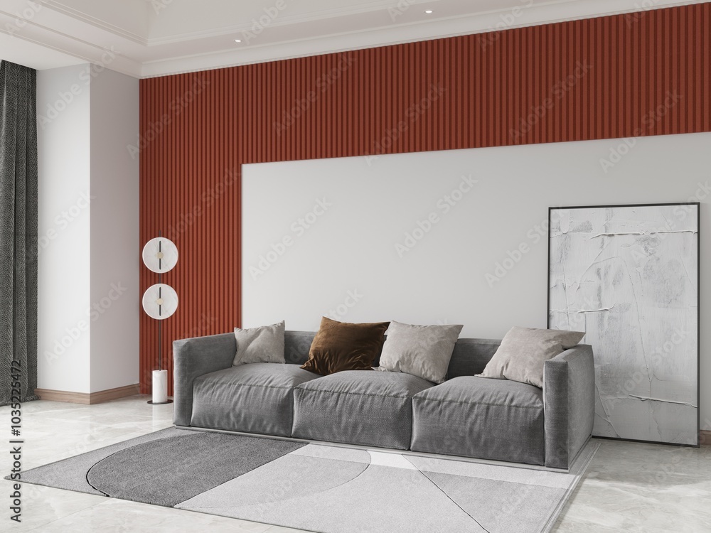Mock up of a bright living room with a stylish comfortable sofa and a trendy decorative background, 3D rendering. Mock up of a bright living room with a stylish comfortable sofa and a trendy decorative background, 3D rendering.