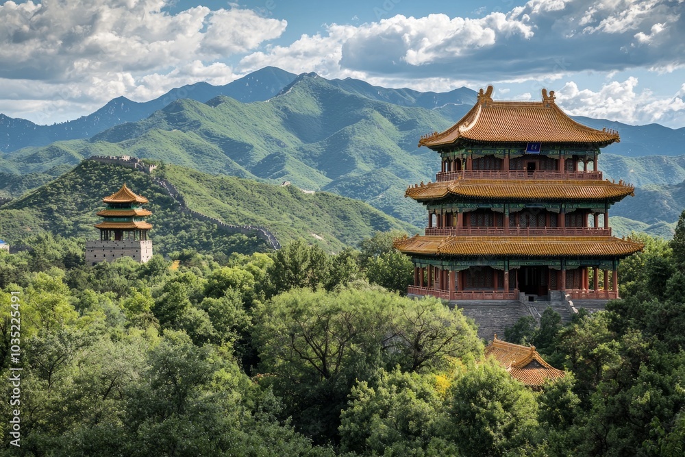 A Chinese-style building, located on the top of Mountains in China, with floors and golden roofs. A Chinese-style building, located on the top of Mountains in China, with floors and golden roofs.