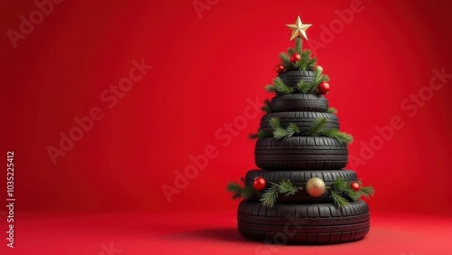 Creative Christmas tree made from stacked black tires decorated with ornaments set against a bright red background