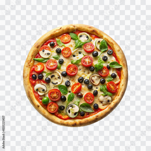 delicious pizza with ham and bacon slices, mozzarella cubes, tomatoes, bell pepper png design 