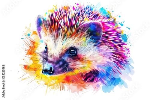 A small, cute hedgehog with bright colors sitting on a white background