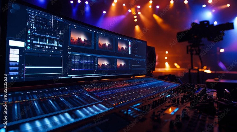 Photo of a close-up shot of professional video editing and color grading on a digital screen in a film studio with a live show or concert stage background. Photo of a close-up shot of professional video editing and color grading on a digital screen in a film studio with a live show or concert stage background.