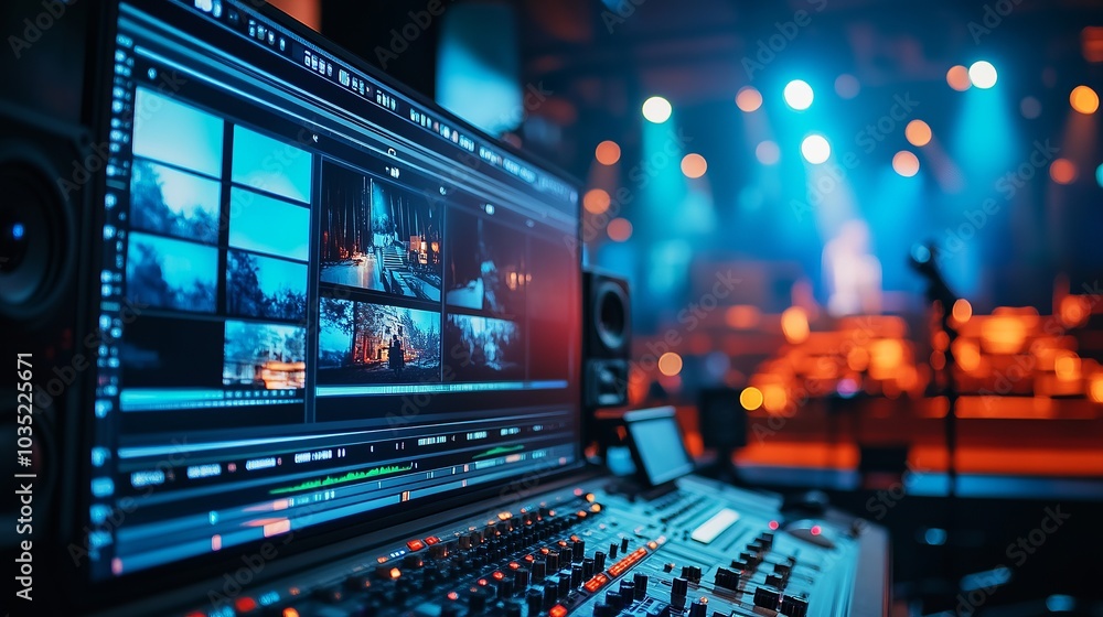 Photo of a close-up shot of professional video editing and color grading on a digital screen in a film studio with a live show or concert stage background. Photo of a close-up shot of professional video editing and color grading on a digital screen in a film studio with a live show or concert stage background.