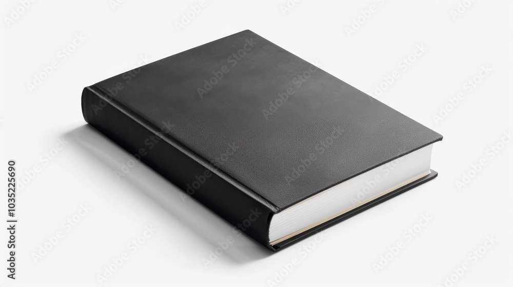 Closed black book on a white background showcasing simplicity and minimalism in design. Closed black book on a white background showcasing simplicity and minimalism in design.