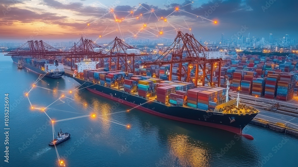 Global trade routes highlighted on a world map, connected logistics and shipping industries Global trade routes highlighted on a world map, connected logistics and shipping industries