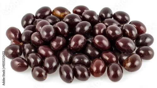 Close up of Shiny Black Olives Isolated on White Background