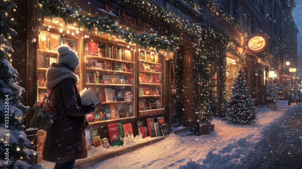In a winter wonderland, a woman stands in front of a charming bookshop, admiring the festive book display illuminated by warm lights. In a winter wonderland, a woman stands in front of a charming bookshop, admiring the festive book display illuminated by warm lights.