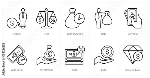 A set of 10 Loan and Debt icons as debtor, debt, loan duration