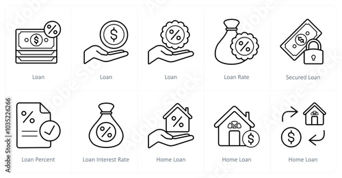 A set of 10 Loan and Debt icons as loan, loan rate, secured loan