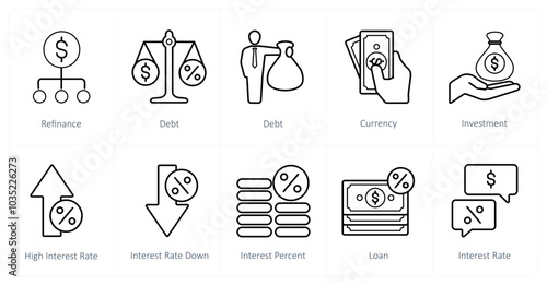 A set of 10 Loan and Debt icons as refinance, debt, currency