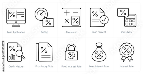 A set of 10 Loan and Debt icons as loan application, rating, calculator
