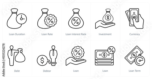 A set of 10 Loan and Debt icons as loan duration, loan rate, loan interest rate