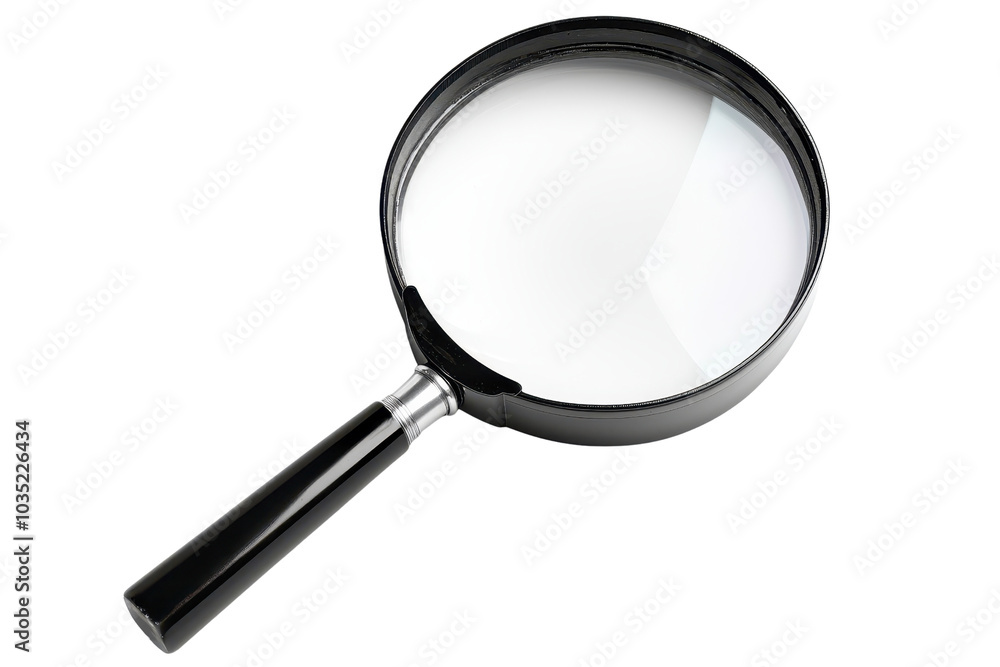 Close-up of a magnifying glass on a transparent background. symbolizing exploration, scrutiny, and investigation in a minimalistic design. Close-up of a magnifying glass on a transparent background. symbolizing exploration, scrutiny, and investigation in a minimalistic design.